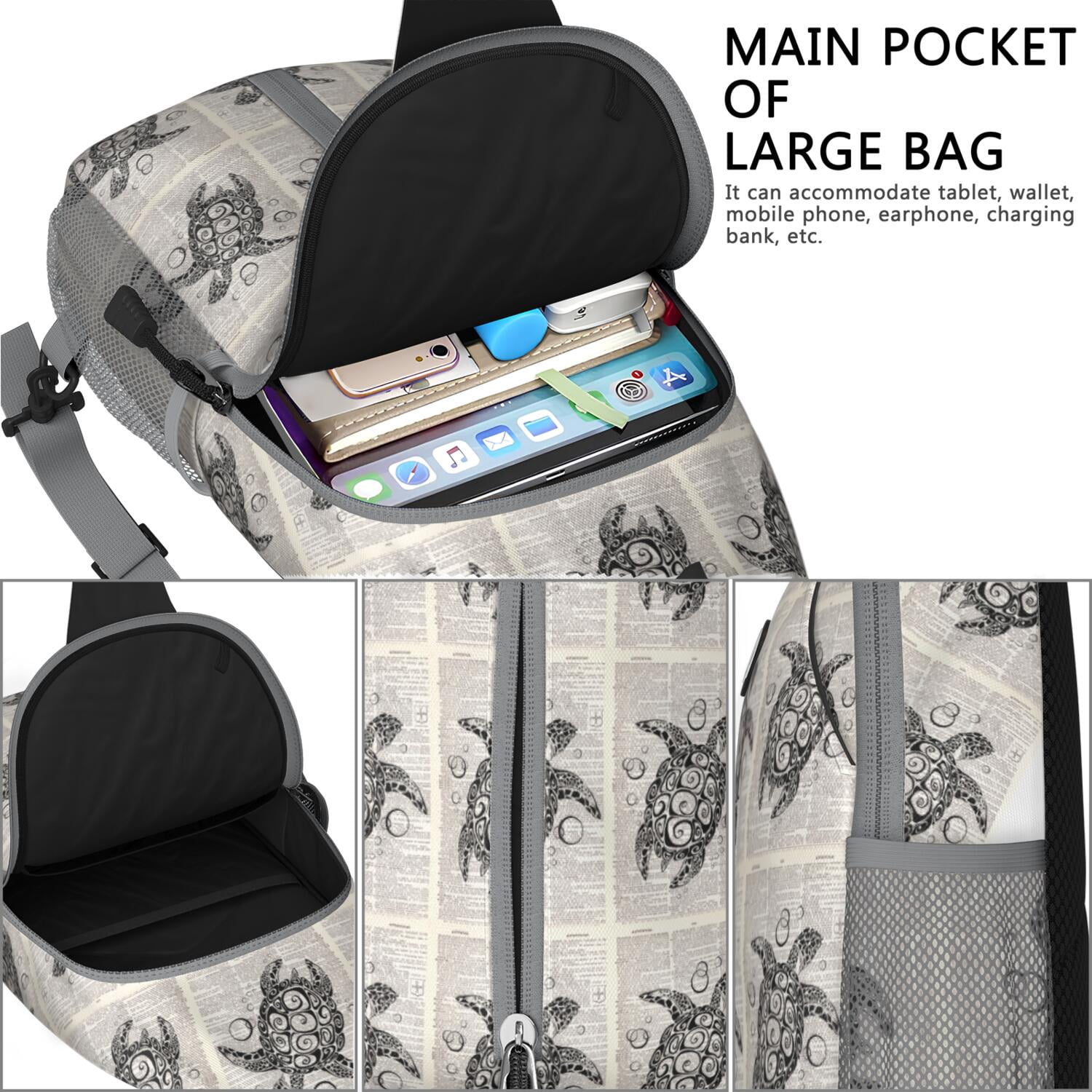 Crossbody Sling Backpack for Women Men Art Deco Turtle Vintage Dictionary Print Shoulder Sling Crossbody Casual Chest Bag for Travel Sports Running Hiking