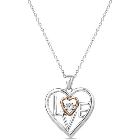 White CZ Sterling Silver and 18kt Rose Gold over Sterling Silver Love Heart Pendant, 18