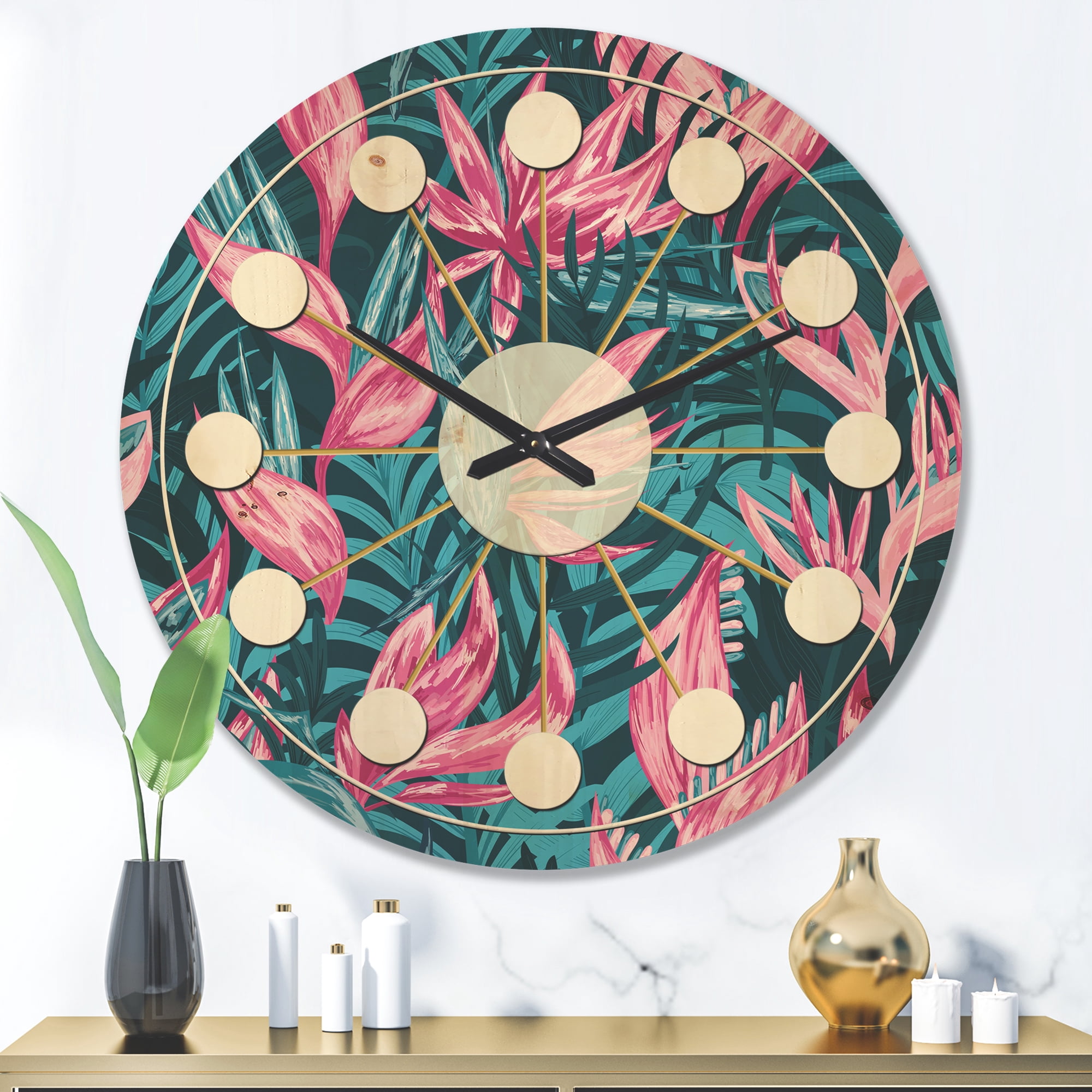 Designart 'Tropical Flowers I' Mid-Century Modern Wood Wall Clock