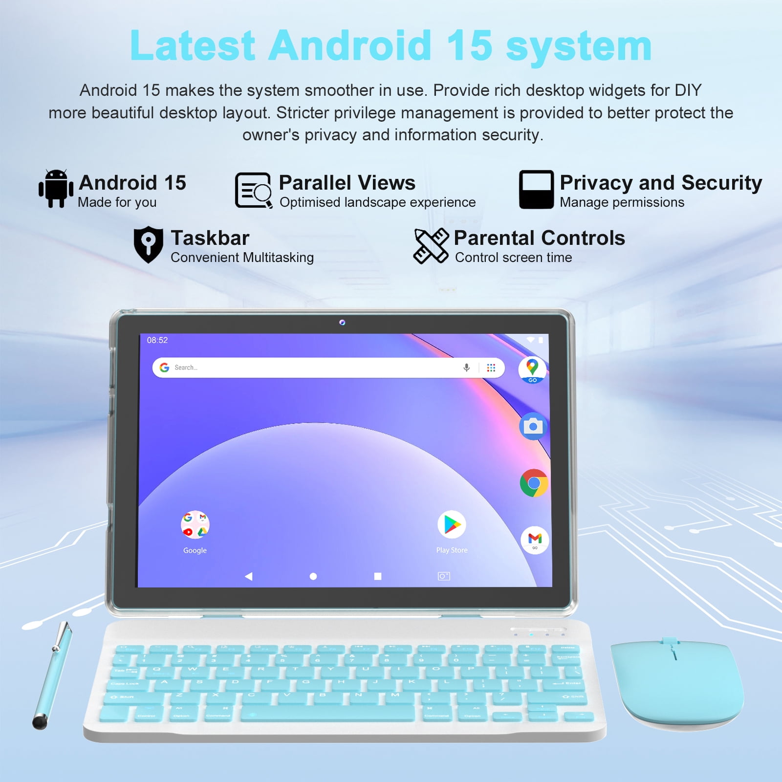 Android 15 Tablet 2 in 1 Tablets 10 Inch Tablet with Keyboard Mouse Case Protective Stylus 10.1" Tab 8GB+64GB Support 1TB Expansion 2MP+8MP Dual Camera 6000mAh Battery Bluetooth WIFI-6, Blue