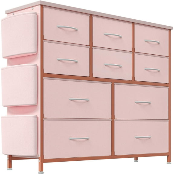 Homhougo 10-Drawer Storage Organizer Fabric Dresser with Steel Frame & Wood Top, Pink