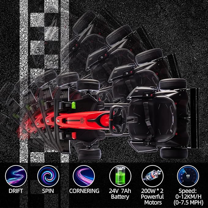 EastVita Go Kart Electric Drift Kart Car with Adjustable Seat, 24V Outdoor Ride On Toy with Variable Speed Mode, Crazy Cart for Kids 6+ Years Old, High-Speed Racing and Immersive Gaming Combo