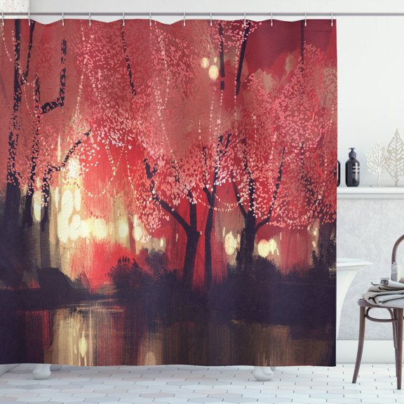 Ambesonne Nature Shower Curtain, Charming Mist Forest, 69"Wx70"L, Brown and Ruby