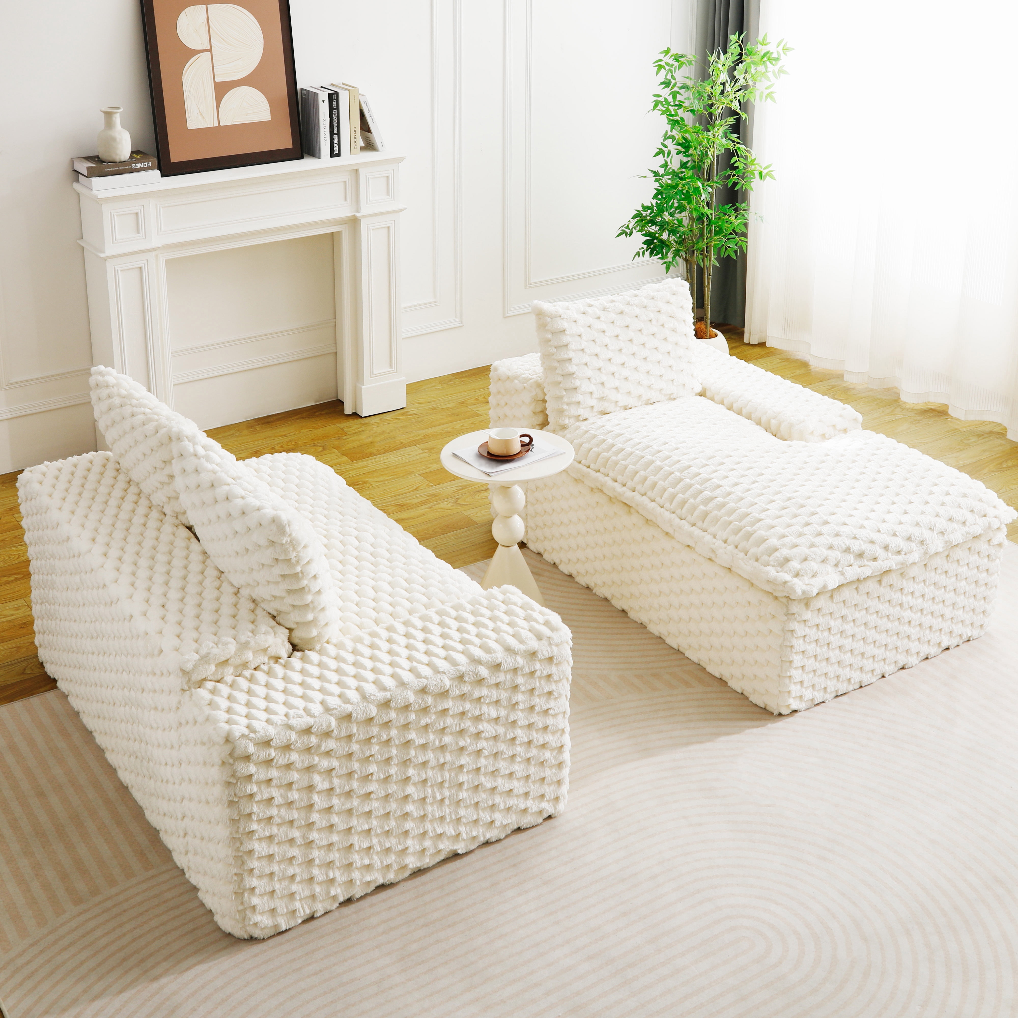 HOQBN 96"W Modular Sectional Sofa,L Shape Modern Corduroy Cloud Couch,Upholstered Deep Seat Boneless Sofa Couch with Right Chaise Lounge for Living Rooms,No Assembly Required,White