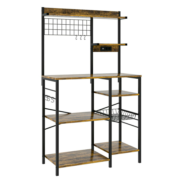 35.4” Bakers Coffee Bar Station Kitchen Storage Rack with Power Outlet,  Microwave Stand, Wire Basket, 6 S-Hooks, Kitchen Shelves
