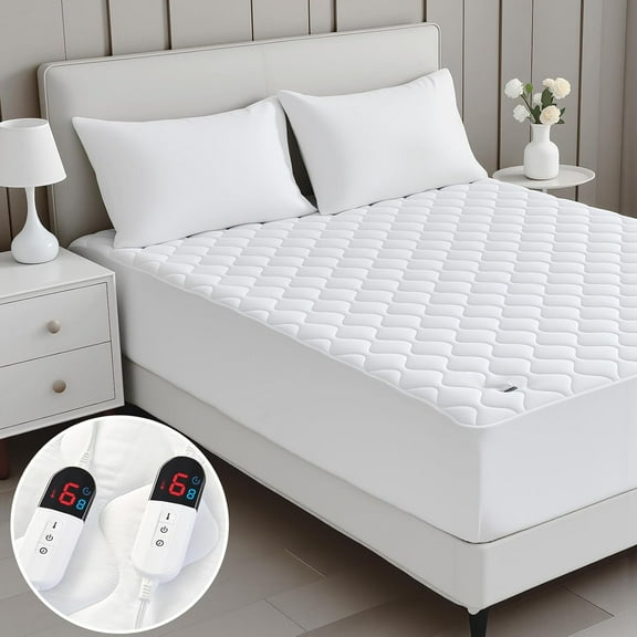 Heated Mattress Pad Queen Size, Quilted Electric Mattress Pad, Dual Controller, Bed Warmer Fit up to 21", 6 Heat Settings, 1-10 Hours Auto Off, Fast Heating, White