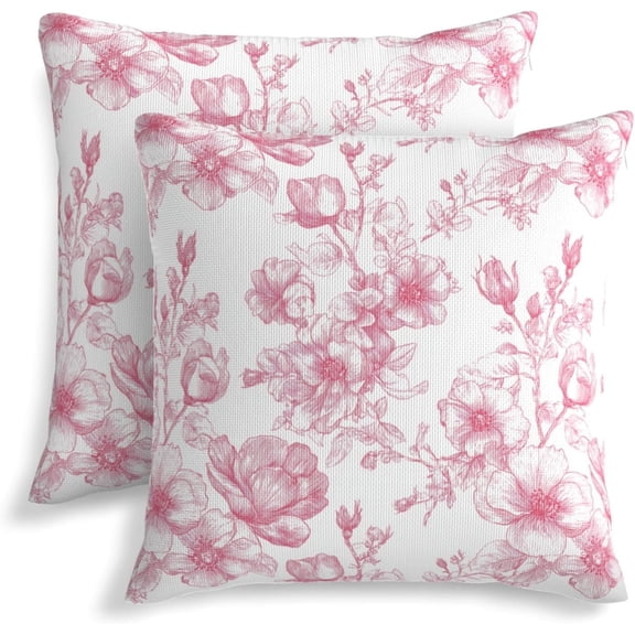 Pink Floral Pillow Covers 18x18 Inch Set of 2, Chinoiserie Ink Line Flower Farmhouse Decorative Throw Pillows, Vintage Rustic Outdoor Square Cushion Cases for Sofa Couch Bed Home Decor