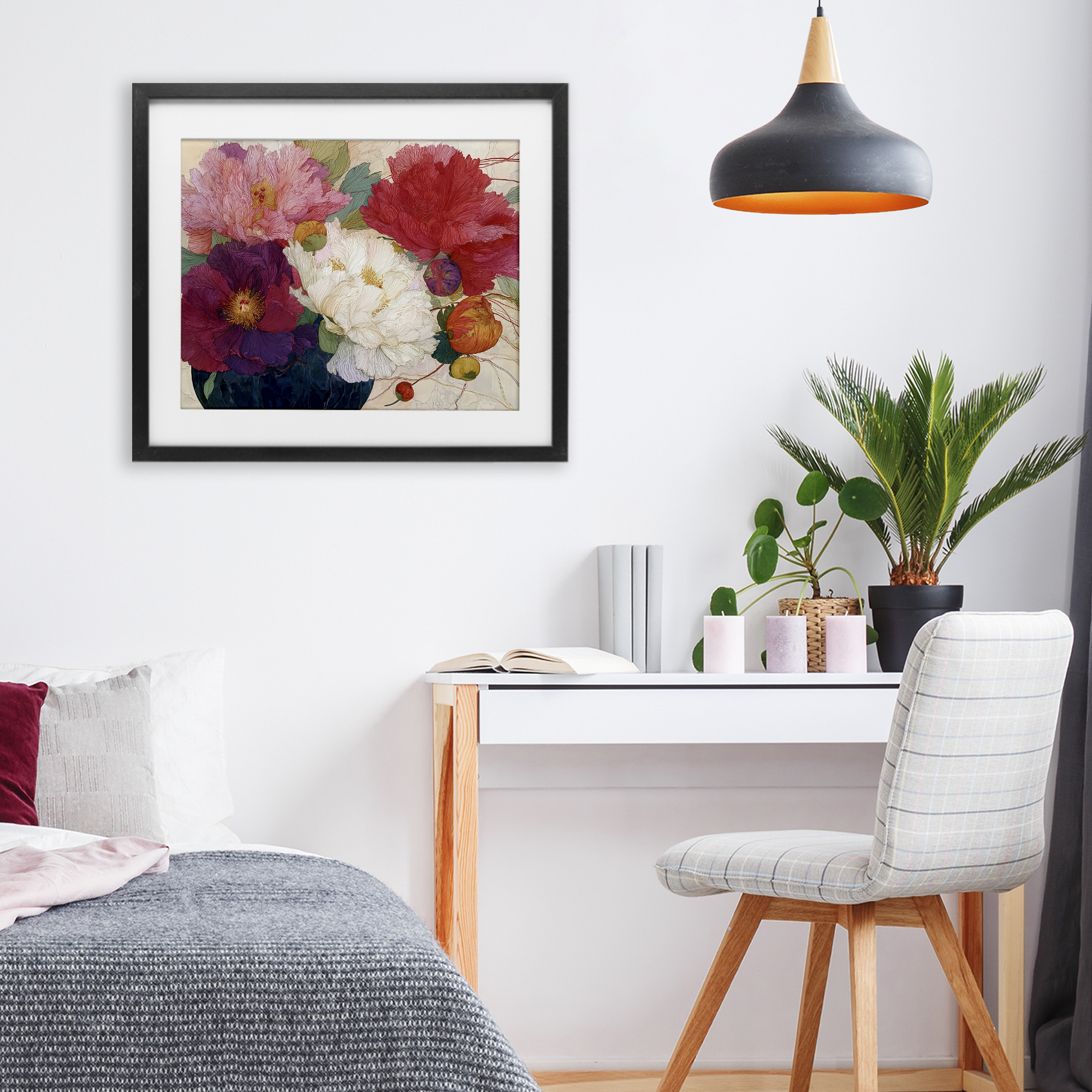 Haiku Ornate Flower Petals Black Framed Print Under Glass, design by Annabelle Hall