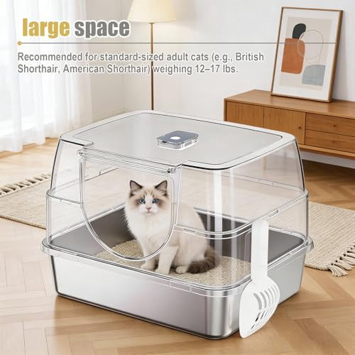 Enclosed Cat Litter Box with Scoop, Side Entry Cat Litterbox for Kitty & Multi-Cat, Anti-Leakage, Non-Sticky (Beige)