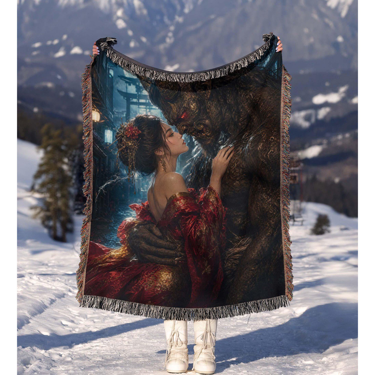 Gothic Japanese Oni Demon Woven Throw Blanket 100% Cotton with Fringed Edges 60 x 50 in Home Decor