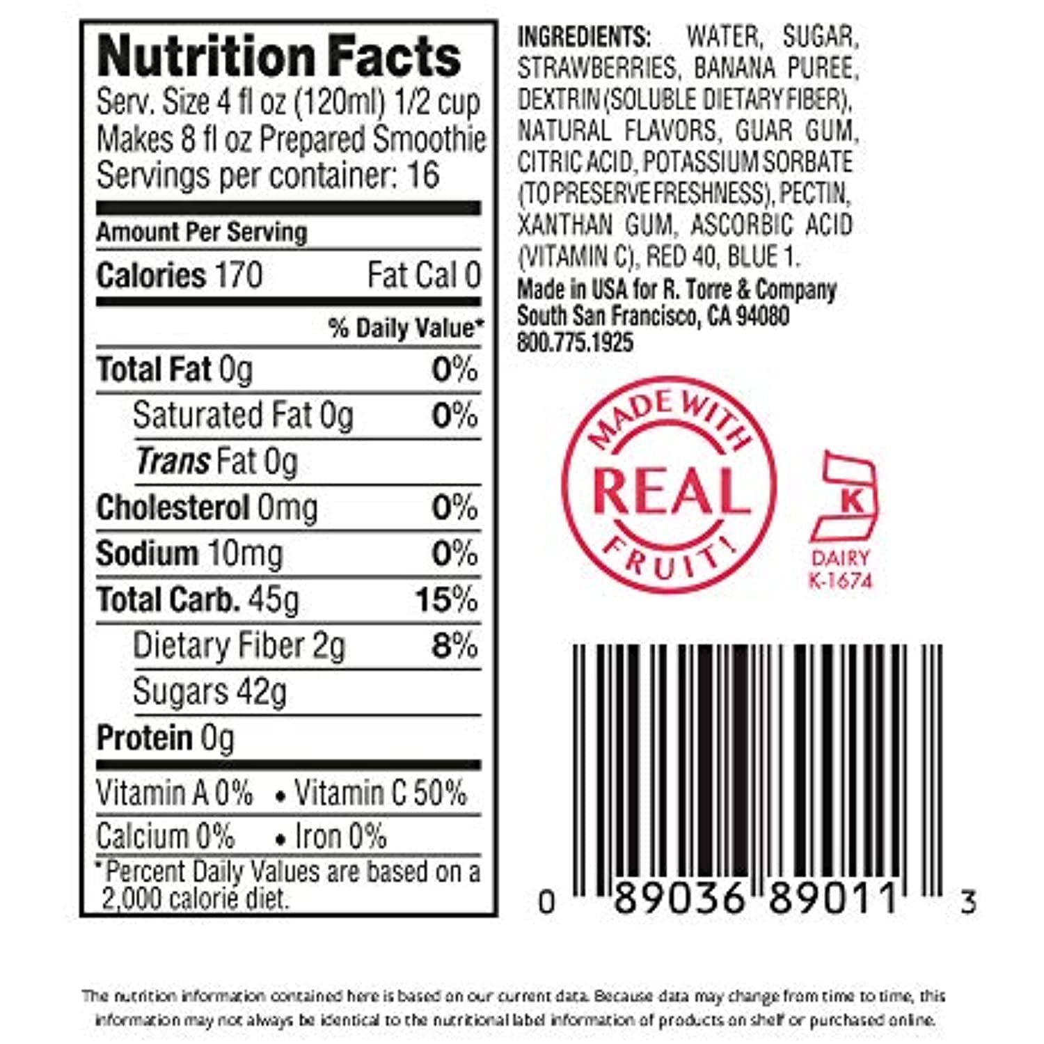 Torani Real Fruit Smoothie Mix, Strawberry Banana, 64 Ounce