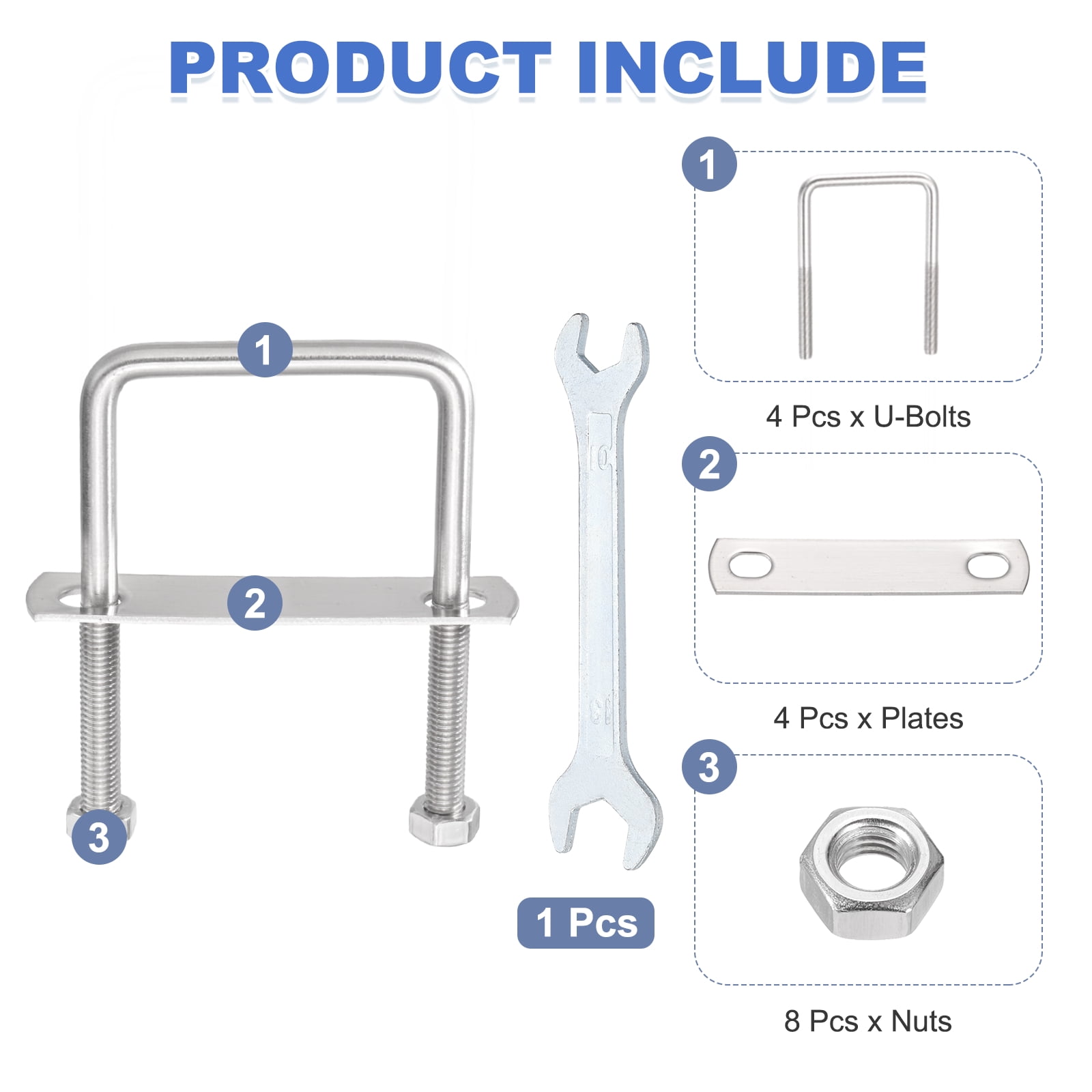 Uxcell 4 Sets M8 Square U-Bolts, 2.36" Inner Width 2.36" Length 304 Stainless Steel U Clamp Bolts with Nuts, Plates and Wrench