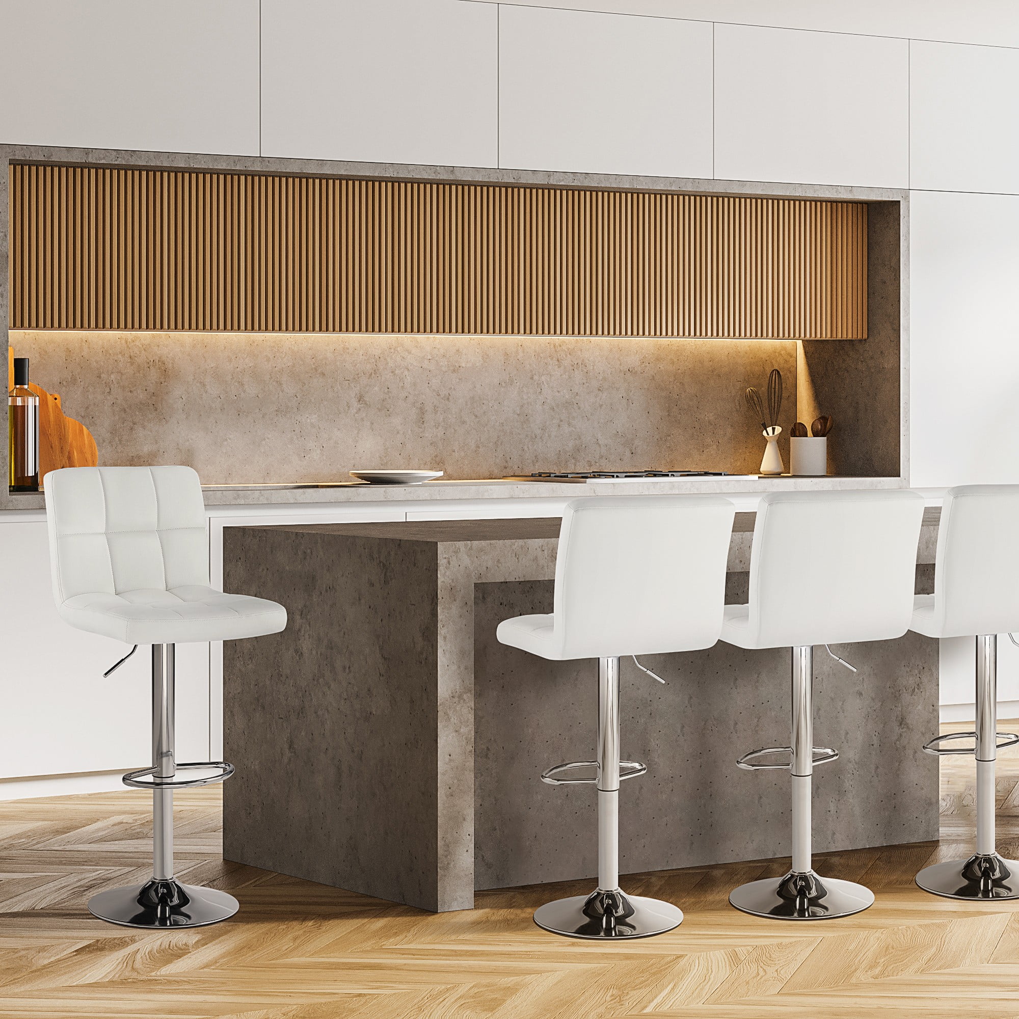 CONCETTA Set of 2 White Swivel Bar Stools, Adjustable PU Leather with Back & Footrest