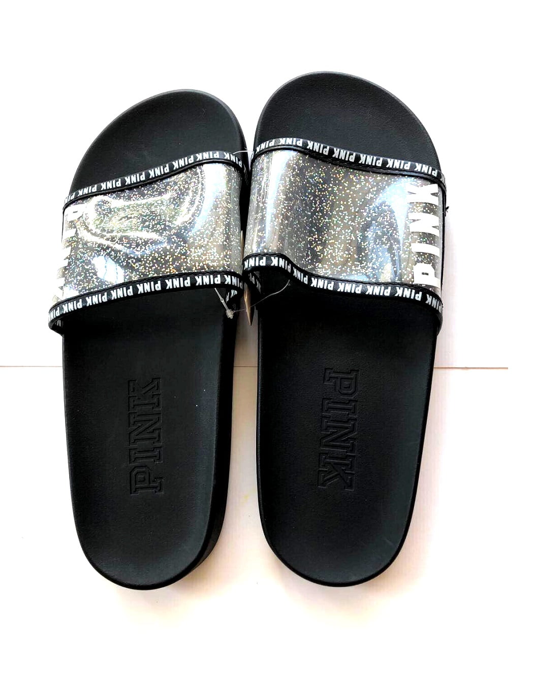 NWT Victoria's Secret VS Pink Double Strap Sport Slides Sandals White L