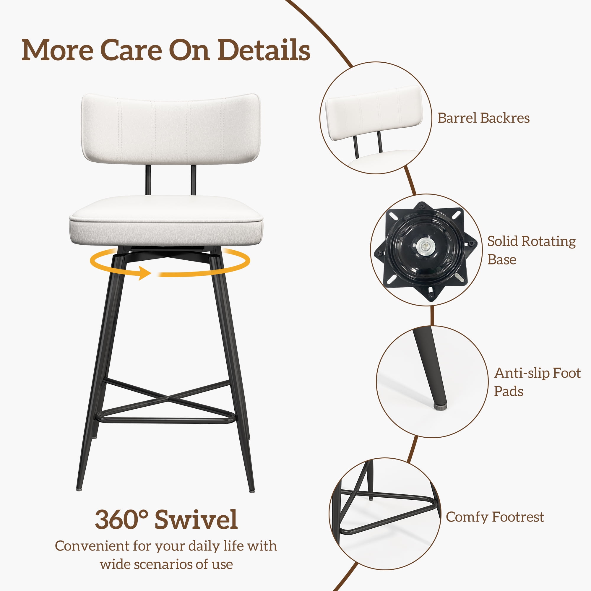 Ninecer Bar Stools Set of 2, Kitchen Counter stools with Backs and Metal Legs, 26" White Leather Swivel Barstools for Counter Height
