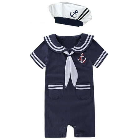 

Baby Boy Marine Sailor Costume Romper Onesie With Hat 2 Pcs Set (Navy Blue Short Sleeve 12-18 Months)