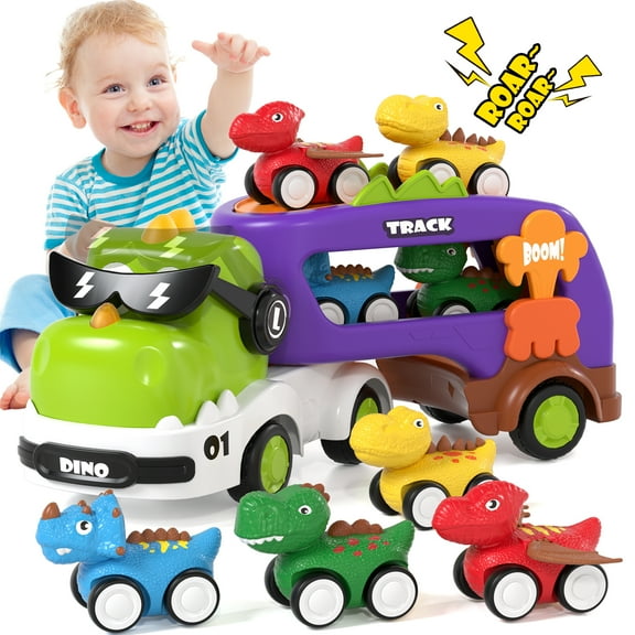 Toddler Toys for Boys 2 3 4 5 Years Old, Dinosaur Toy Cars with Lights & Sounds, Toy Trucks Car for Boys, Pull Back Cars Baby Toys, 5 in 1 Car Carrier Truck Toy Sets, Best Birthday Christmas Gifts