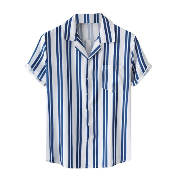 IROINNID Graphic Shirts for Men New Lapel Plaid Shirt Short Sleeve Turndown Collar Blouse & Shirt,Blue