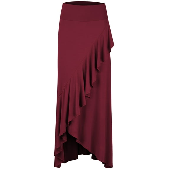 Made by Johnny Women's Wrapped High Low Ruffle Maxi Skirt S WINE