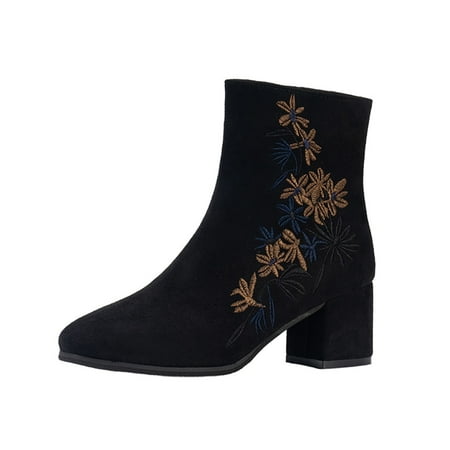 

HSMQHJWE Women S Boots Size 20W Wide Calf Mid Calf Rain Boots For Women Size 9 Women S Single Mile Fashionable Round Head Ethnic Style Embroidered Thick Square Heel Retro Side Zipper Mid Well Boots