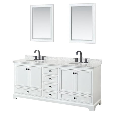 80 in. Deborah Double Bathroom Vanity with White Carrara Marble Countertop, Undermount Oval Sinks, Matte Black Trim & 24 in. Mirror - White