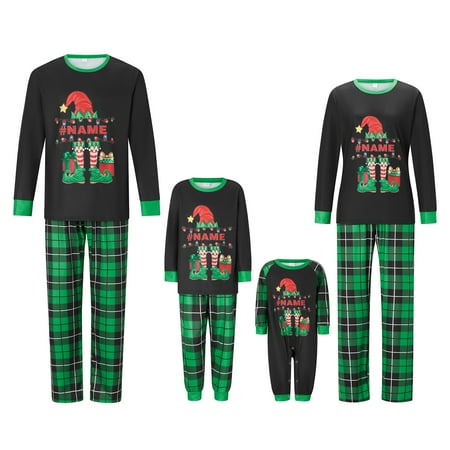 

Family Matching Christmas Pajamas Letter Elf Hat Print Long-Sleeved Round Neck Tops + Plaid Pattern Trousers Sleepwear