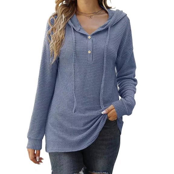 Luxtrada Loose Fitting Sports Knit Long Sleeved Button up Hooded Sweater Pullover (Blue,M)