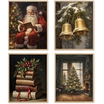 Hieng Vintage Christmas Wall Art Prints Set of 4, Rustic Xmas Tree Holly Branches Wreath Posters Pictures Wall Decor for Bedroom Living Room Office, Christmas Home Decor Unframed