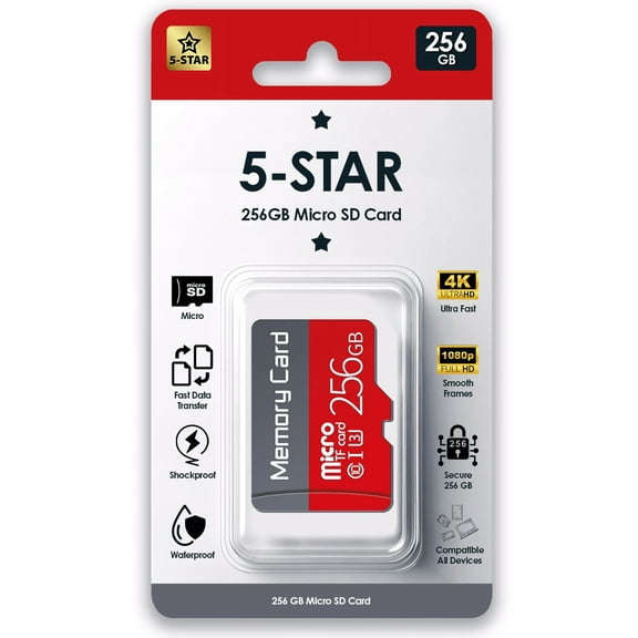 5-Star 256GB Micro SD High Speed Memory Card for Car Navigation, Smartphone, Portable Gaming Devices, Camera and Drone.