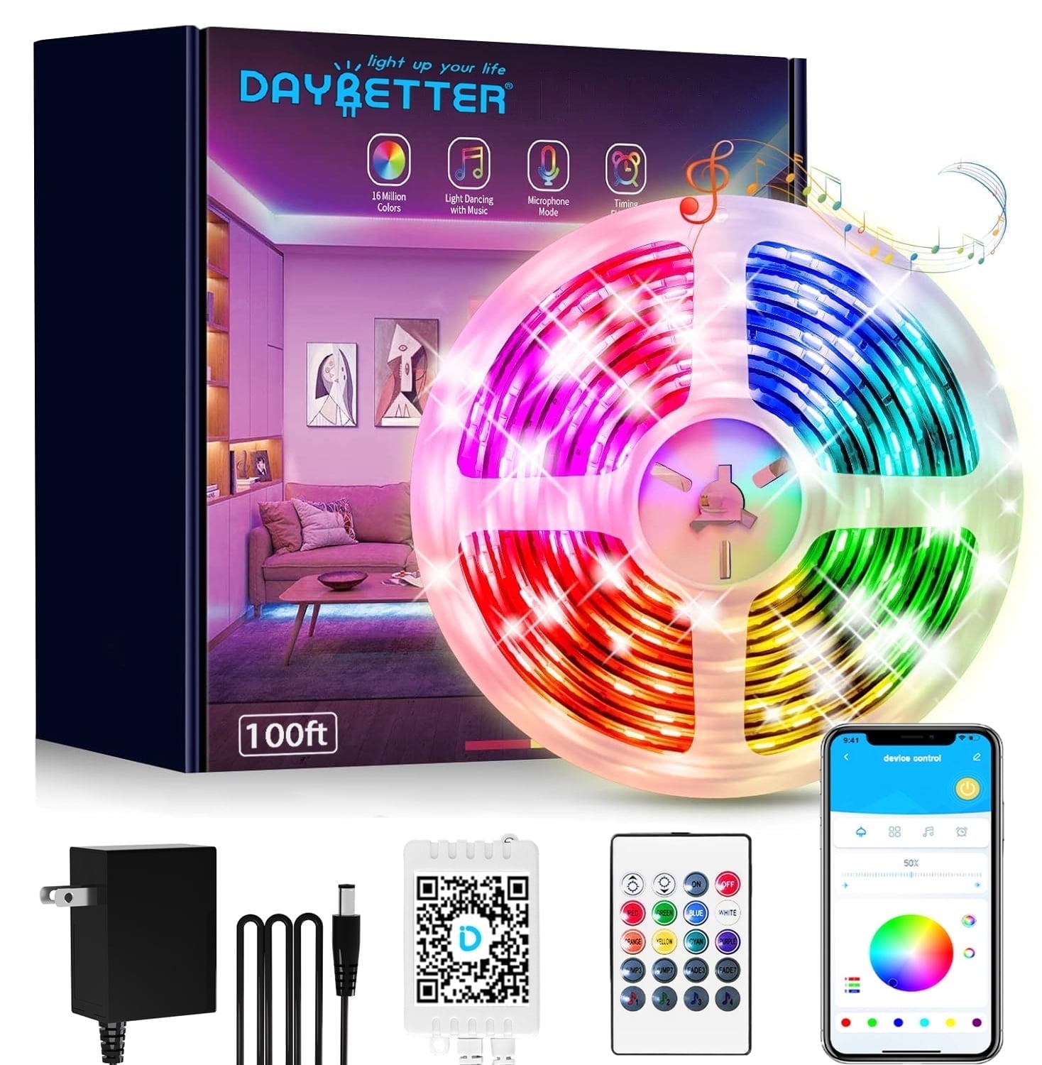 DAYBETTER WiFi Led Lights 100ft, Work with Alexa and Google Assistant RGB Strip Lighting Music Sync Color Changing with App Voice Remote Control for Room Bedroom Decor