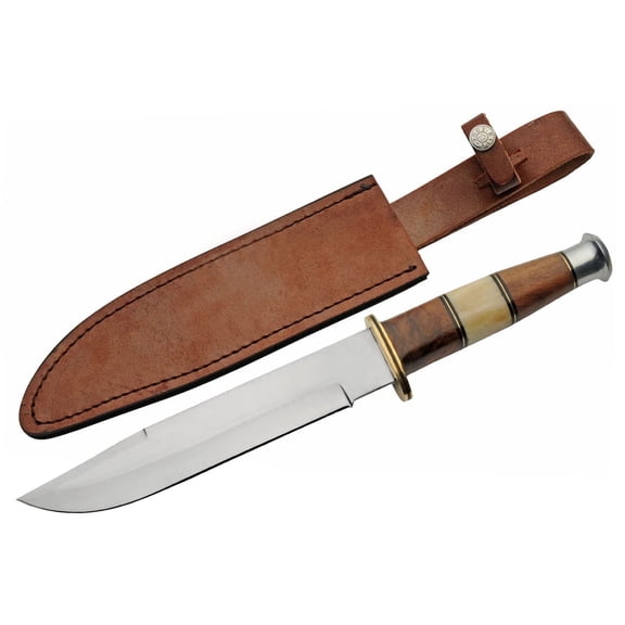SZCO 14.5 Inch Brownbark Hunter Knife Stainless Steel Blade Wood Bone Handle Brass Guard Outdoor Hunting Fixed Blade With Leather Sheath