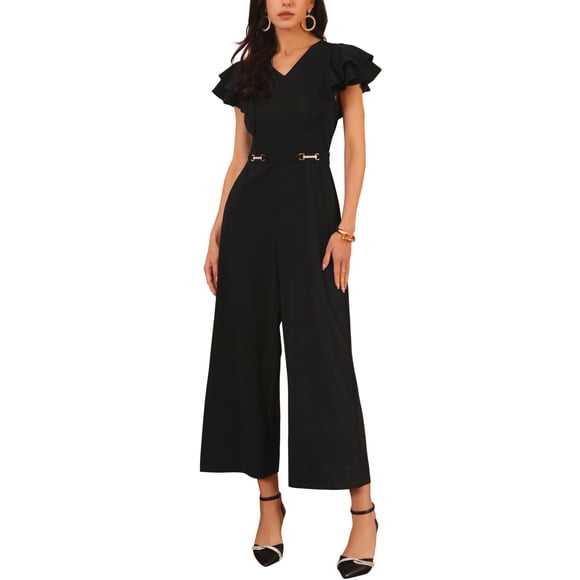INSPIRE CHIC Women's Formal Jumpsuits Ruffled Sleeve High Waist V Neck Dressy Long Wide Legs Pants S Black