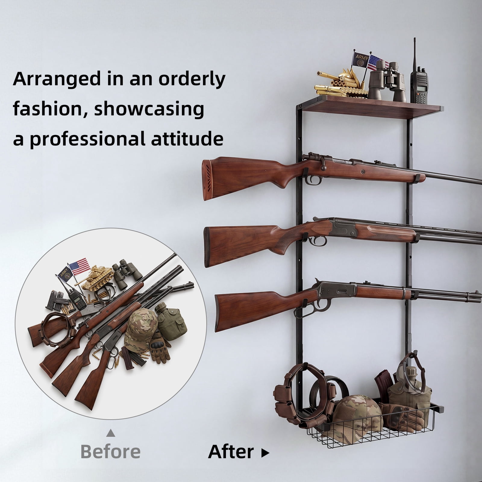 Gun Rack for Wall, 4 Gun Rack Wall Mount with Storage Basket, Rifle Racks Gun Display for Hunting Rifle Airsoft Gun Holder, Black