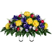 Sympathy Silks Artificial Cemetery Flowers Yellow Mum and Purple Iris Saddle for Headstone