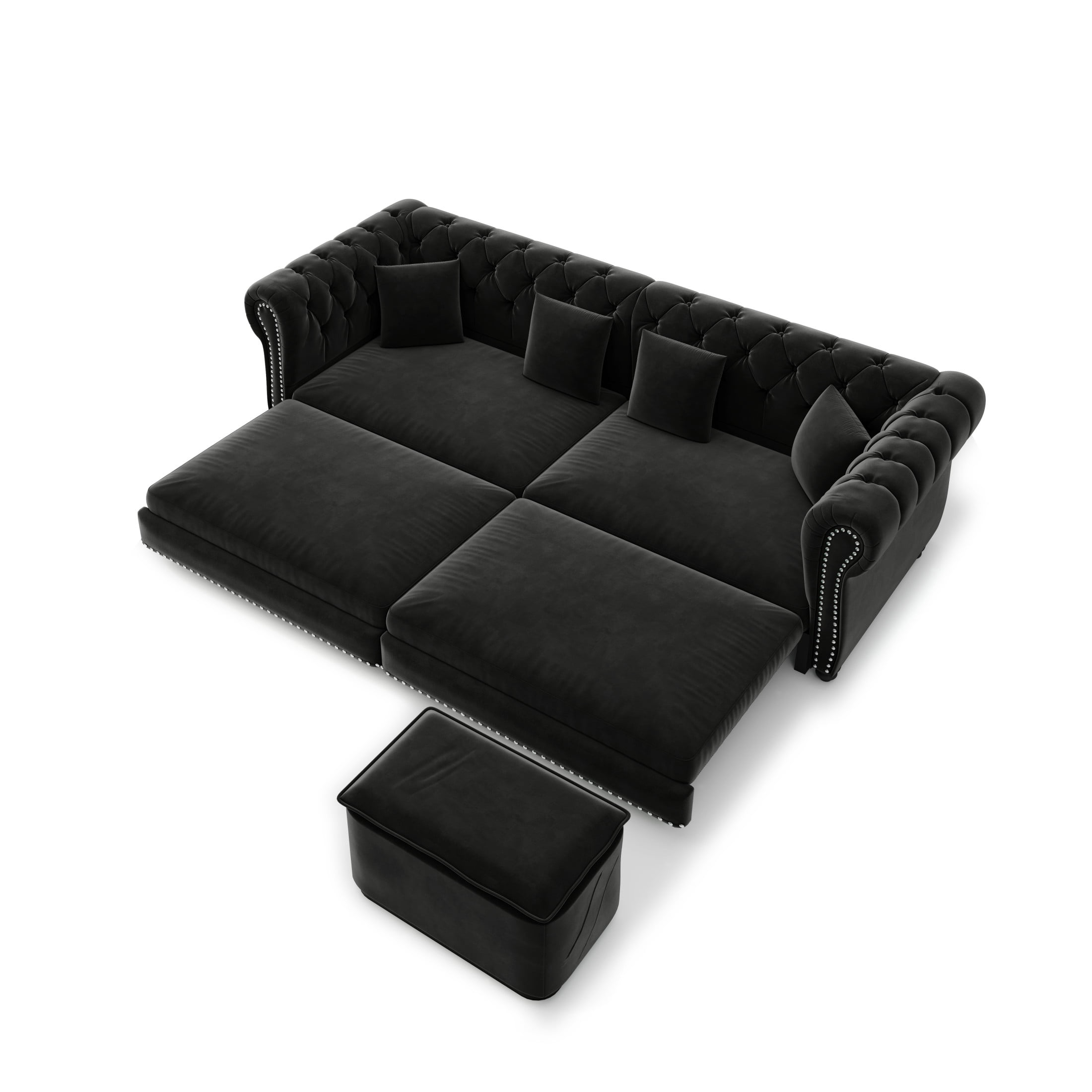 Noble House Ulwick Velvet Chesterfield Pull-Out Sofa Bed, 3-in-1 Convertible Sleeper Couch with Movable Ottoman, Black
