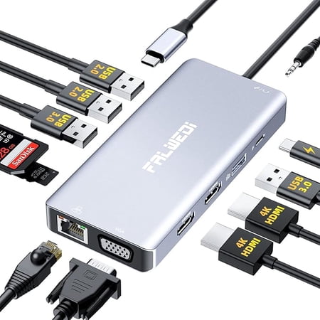 Open Box FALWEDI Laptop Docking Station Daul Monitor 12 in 1 USB C Hub Multiport - Silver