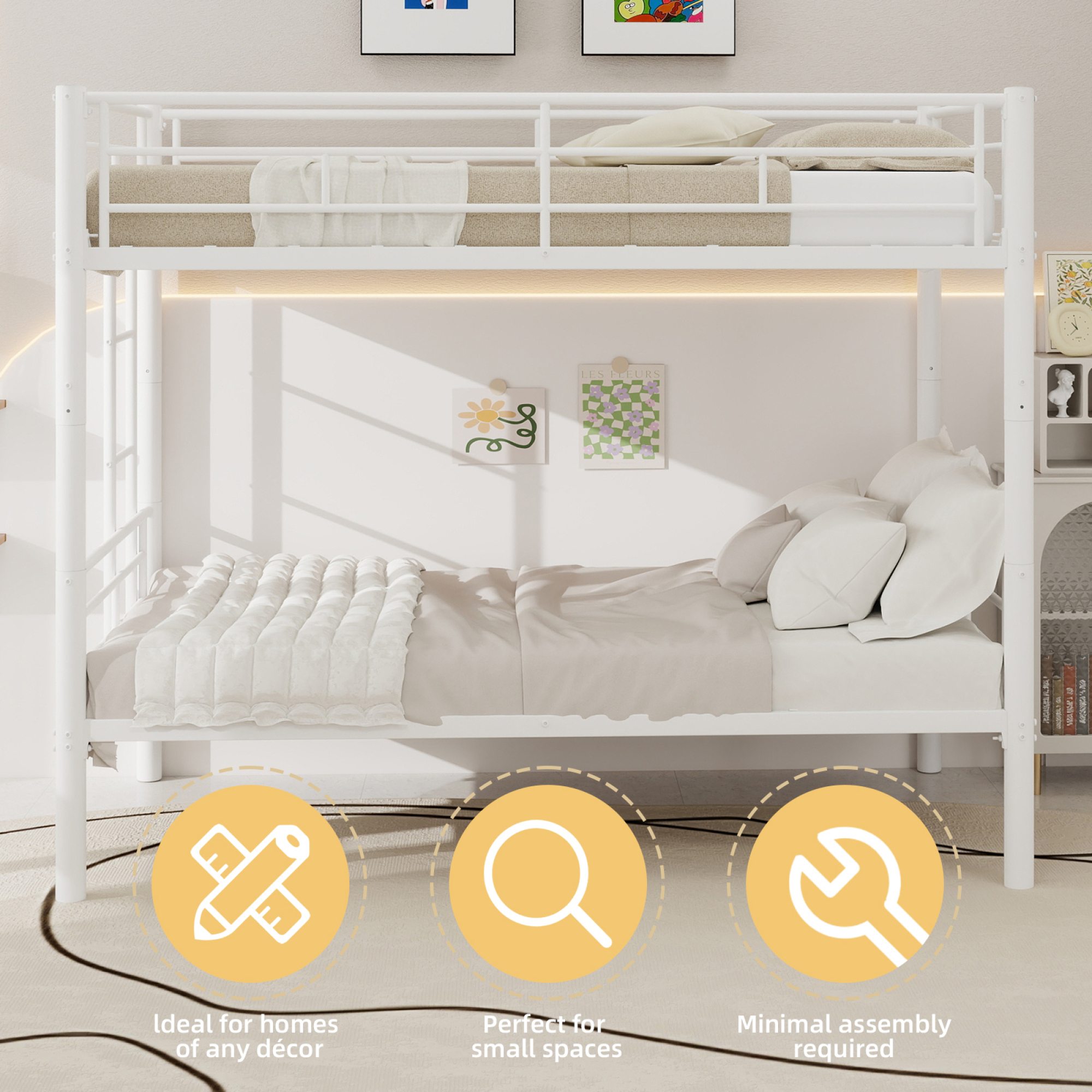 Leumius Twin Over Twin Bunk Bed for Kids Boys Girls, Heavy Duty Metal Bunk Bed with Ladders & Guardrail,Convertible 2 Beds,White