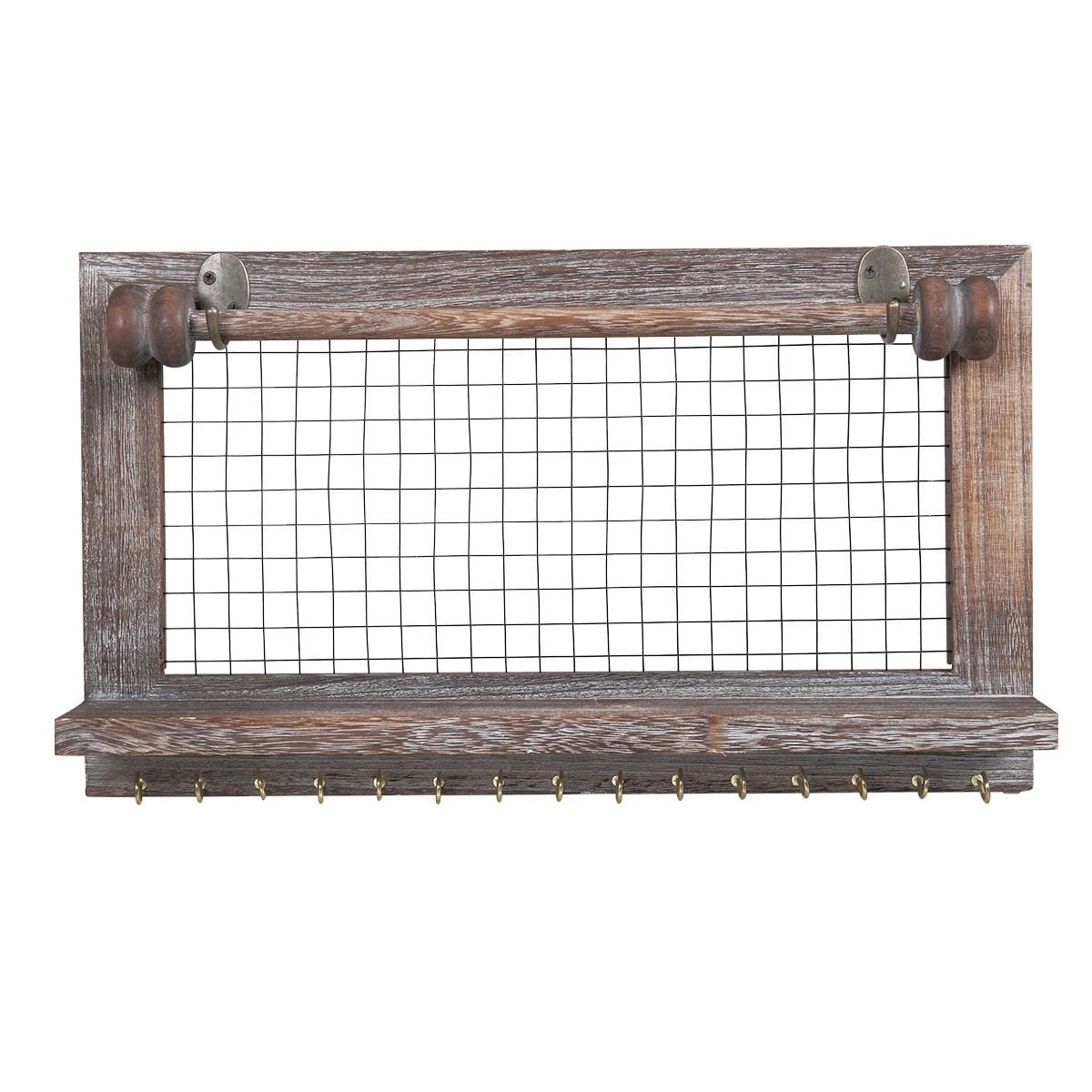 Wall Mounted Wooden Holder Hanging Jewelry Organizer with a Removable Bar, a Shelf and 15 Hooks, Rustic Brown
