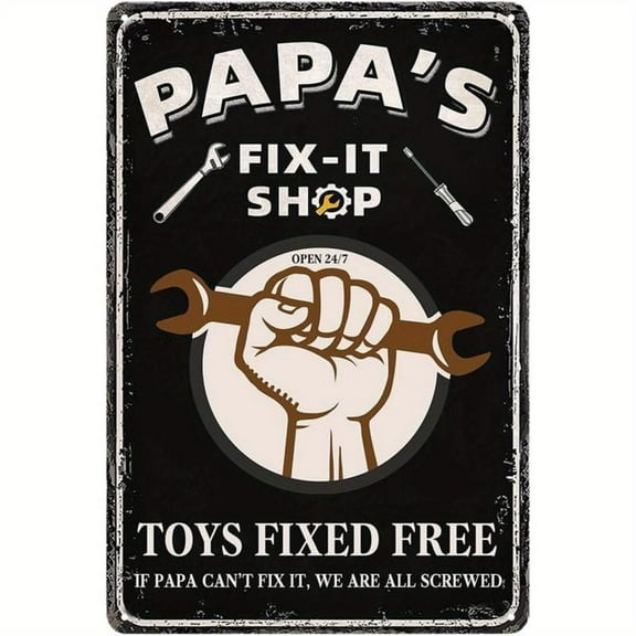 Vintage Metal Tin Sign - Papa's Fix-It Shop Humorous Garage Decor with "Tools Fixed Free" & "If Papa Can't Fix It" Quotes - 8x12 Inch Rustic for Man Cave Wall Art, Father's Day Gift for Dad, Husband