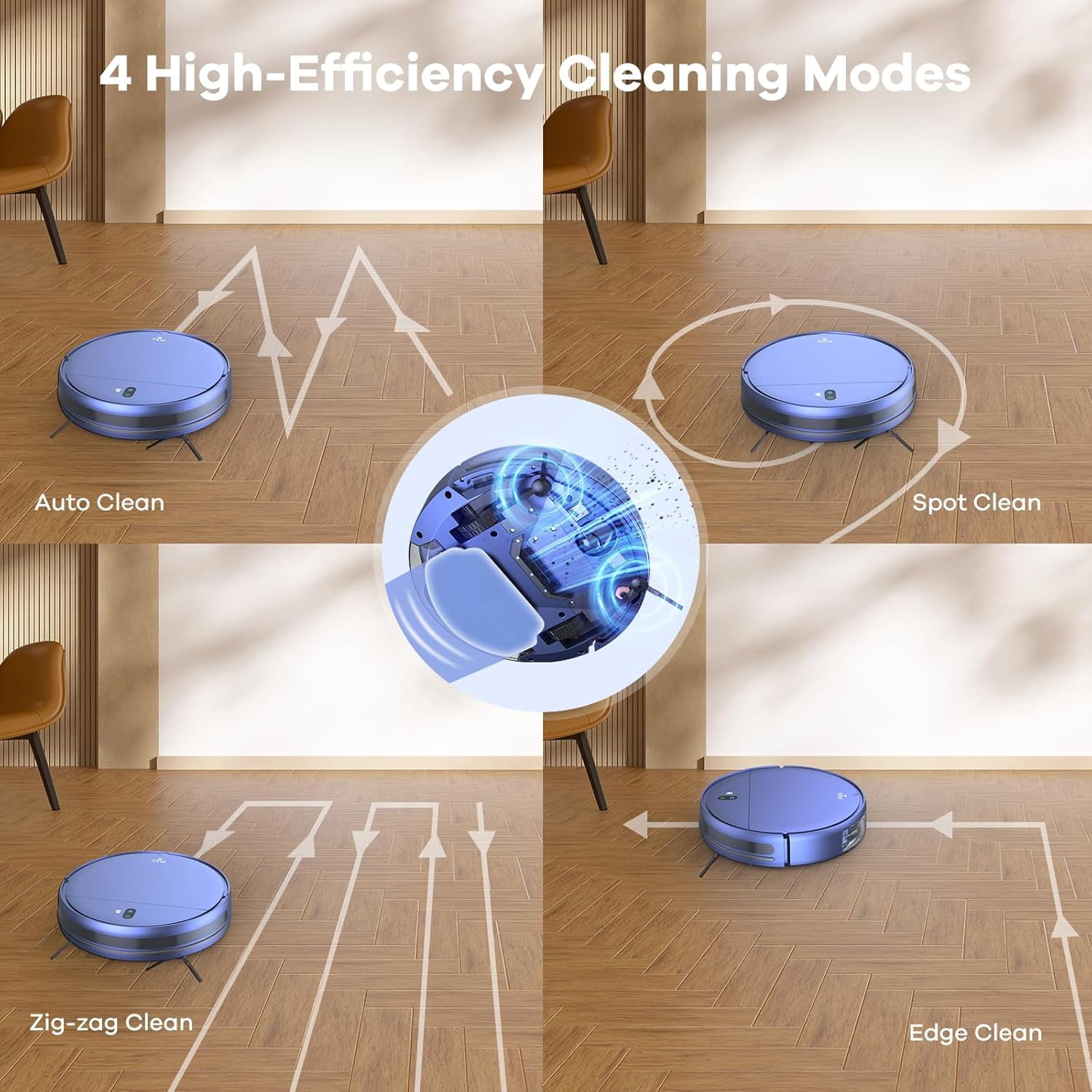 TH Robot Vacuum and Mop Combo 2.4GHz WiFi 4 Modes APP Remote for Pet Hair Stains Carpets Corners Self-Charging