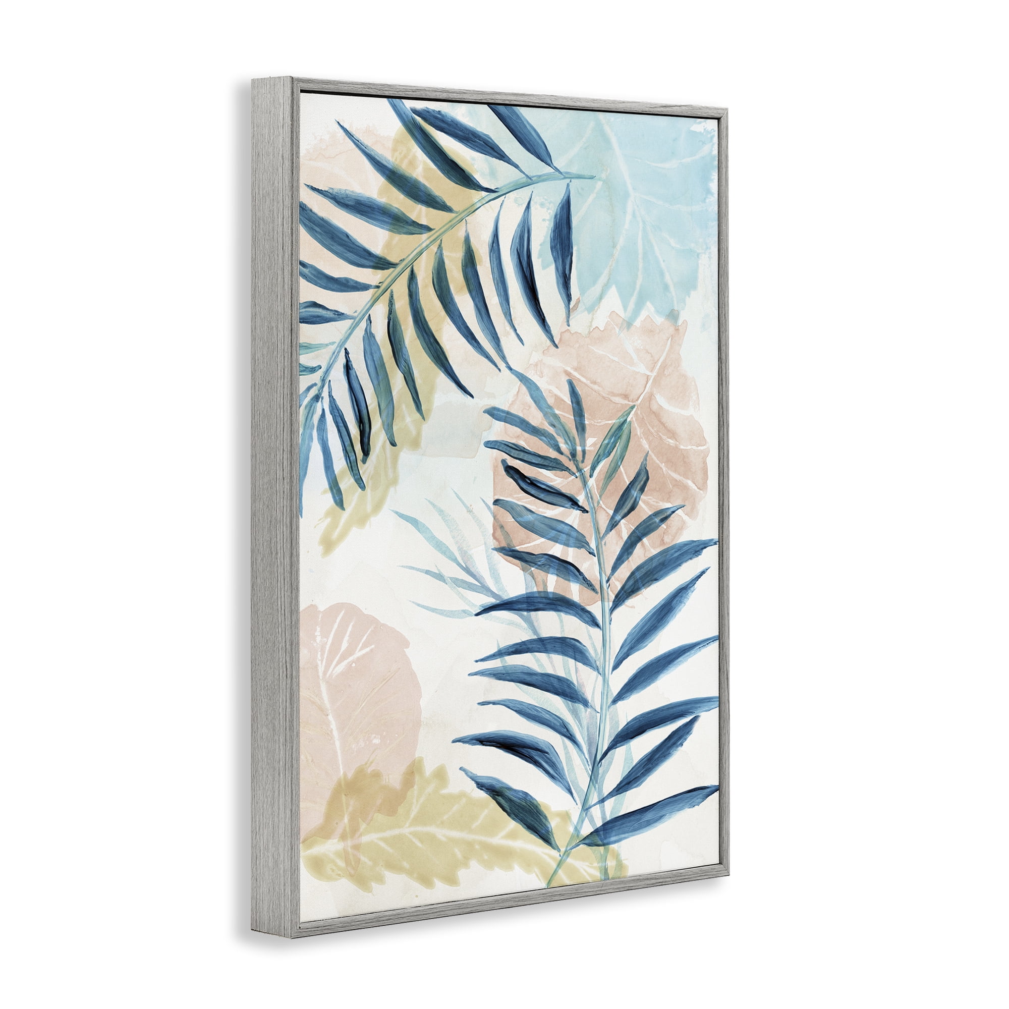 Stupell Industries Blue Palm Fronds in Pastel Haze Gray Framed Giclee Art, design by Nan