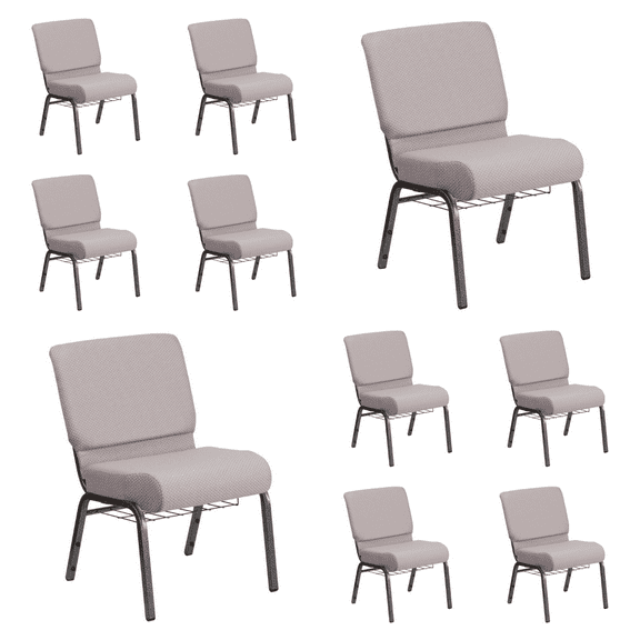 (10 PACK) 21'' Wide Light Gray Dot Fabric Church Chair with Book Rack and Silver Vein Frame - Multipurpose Stackable Office Side Chair