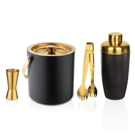 

diollo Stainless Steel 4 Piece Bar Set for Drink/Gift Gold (PVD Coated) Double Wall - Ice Bucket Tong Peg Measure & Cocktail Shaker