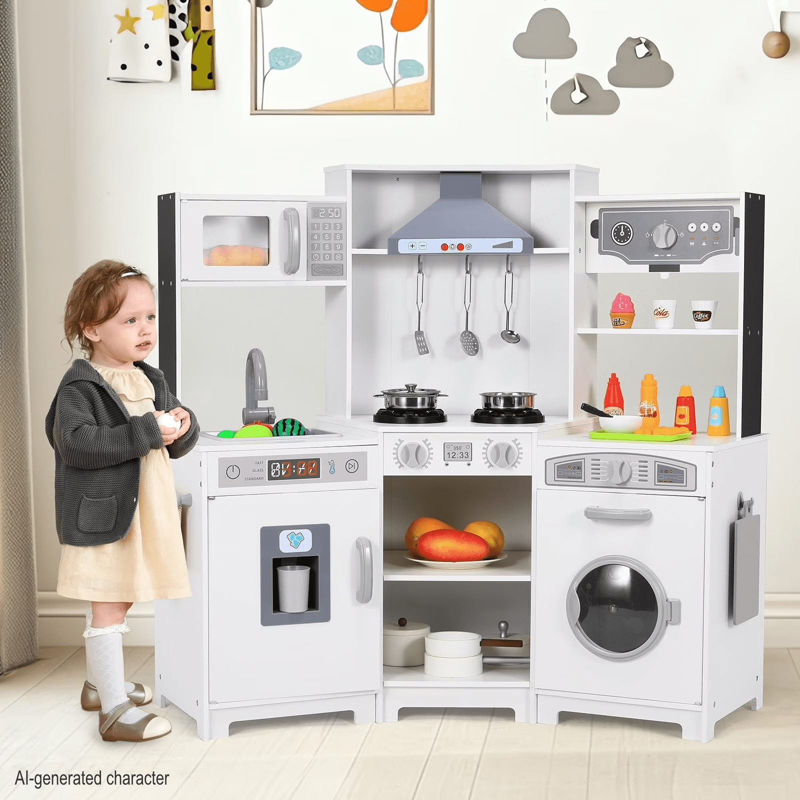 LAZY BUDDY Wooden Corner Play Kitchen for Kids with Light & Sound, Toddler Kitchen Playset Interactive Cooking Toy with Ice Maker, Towel Rack