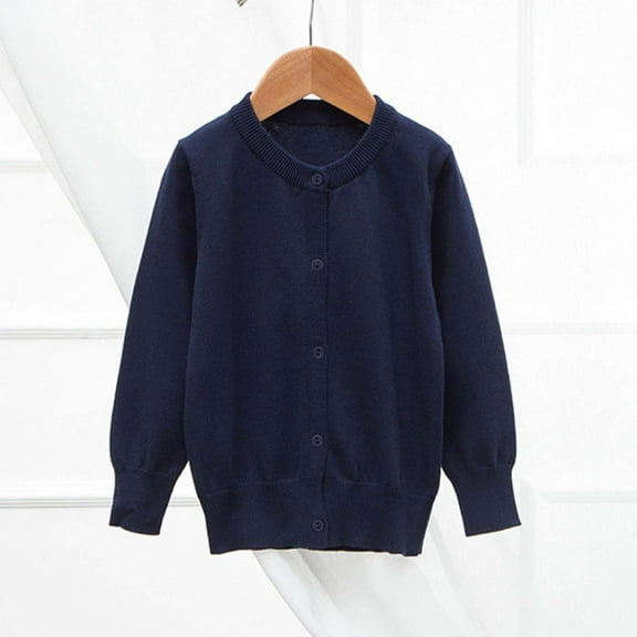Hurxie Girls Cardigan Crewneck Long Sleeve Children Button Cotton Sweater Uniform Sweaters for Little Girls Navy,5-6 Years