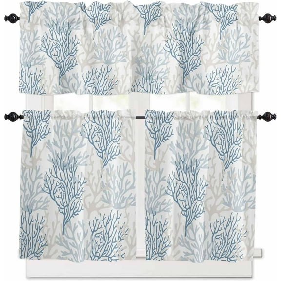 Blue Grey Coral Coastal Kitchen Curtains Set Short Half Curtains 36 Inches Length, Summer Beach Seaside Nautical Rod Pocket Window Treatment Bedroom Tiers and Valance Set for Cafe Bathroom