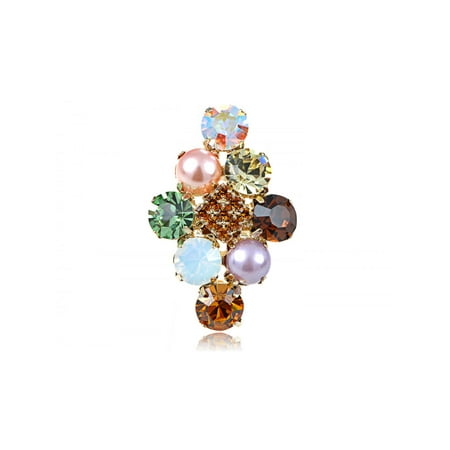 Faux Pearl Rhinestone Ring - Golden Tone Cluster of Stones w Faux Pearl Rhinestone Trendy Adj Fashion Ring