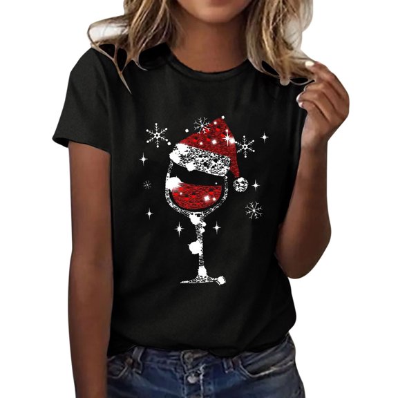 Kedxroy Christmas Shirts for Women Xmas Red Glass Shirt Top Short Sleeve Casual Graphic Print T Shirt(Black,XXL)