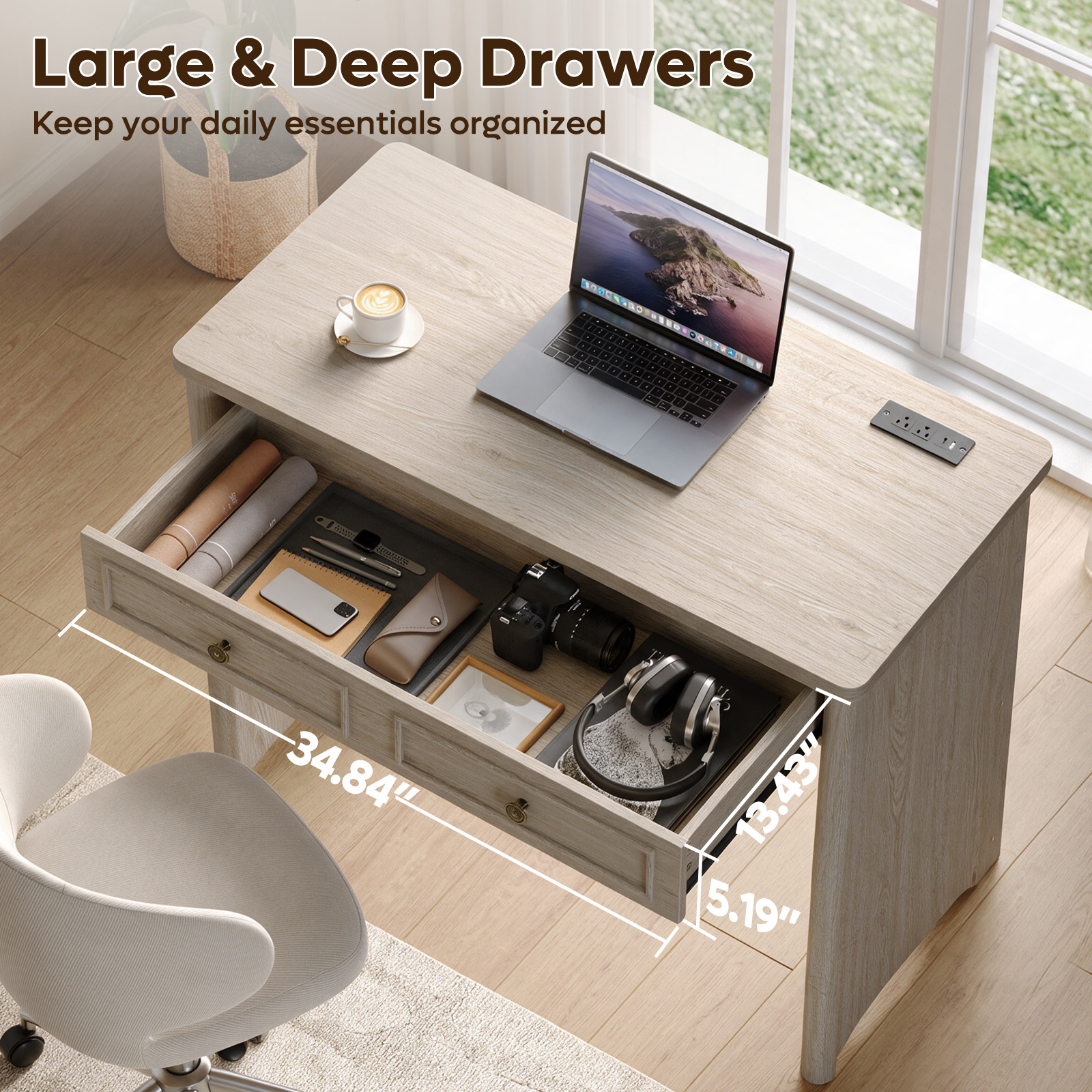 Bestier 39" Computer Desk with Power Outlets and Drawer, Light Oak photo 2