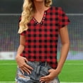 thumbnail image 3 of Womens Short Sleeve Shirt Plaid Print Button Round-Neck T-Shirt Blouses Red, 3 of 5